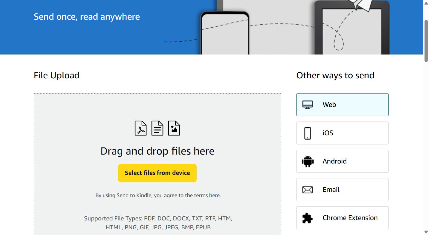 Amazon Send to Kindle page showing the file upload area